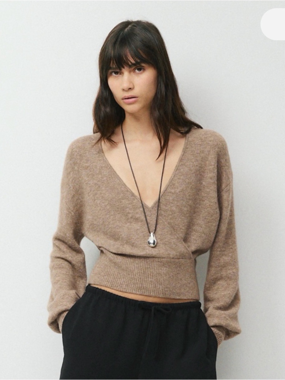 Aritzia V-Neck Cropped Sweater in Taupe Brown
